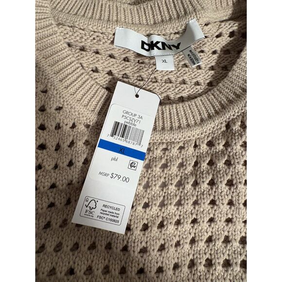 DKNY Tan Open Knit Sweater Vest | Sleeveless Cotton Layering Pullover - Picture 3 of 6